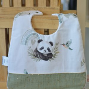 Bavoir personnalisable Panda et gaze kaki pois or